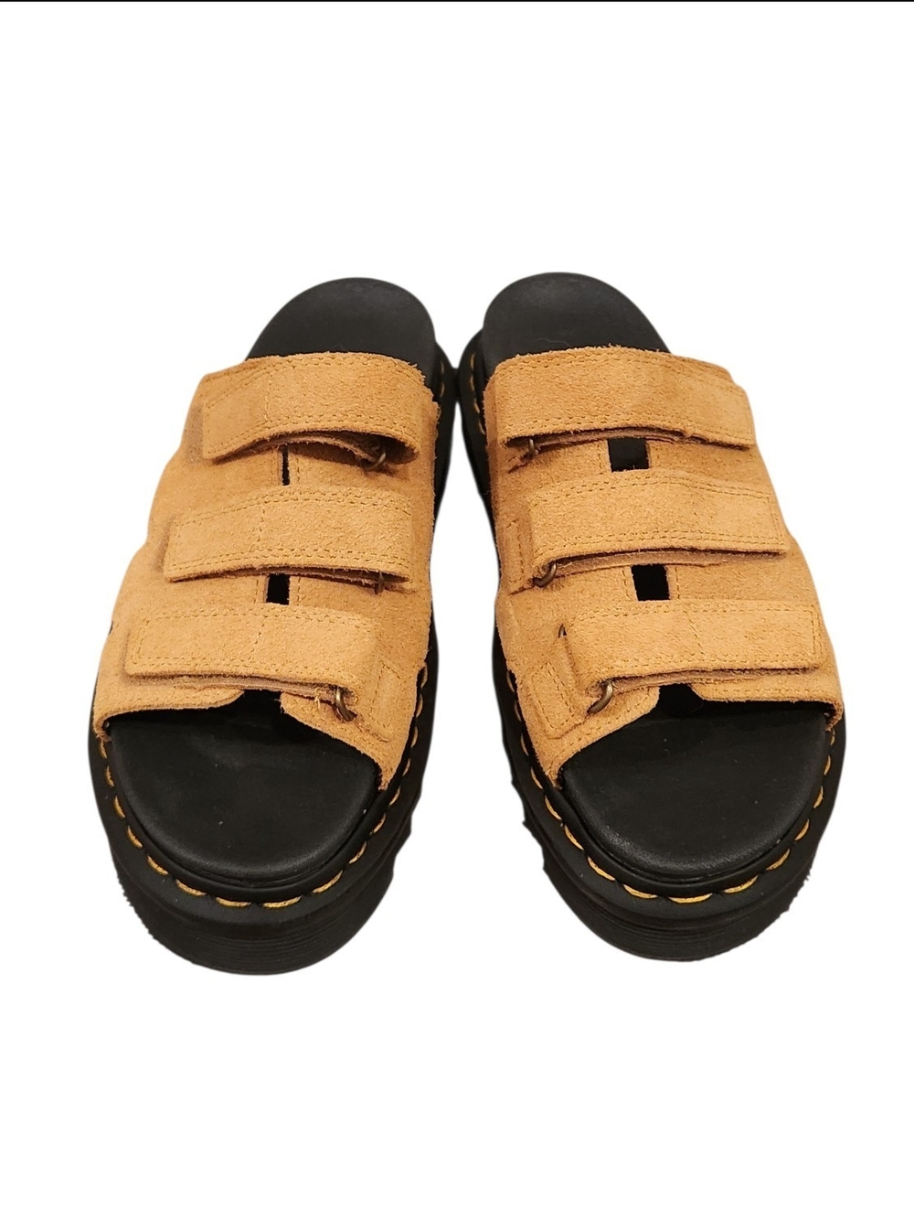 NWOT Dr. Martens Raine Camel Suede Three Hook & Loop Strap Platform Sandals Sz 9